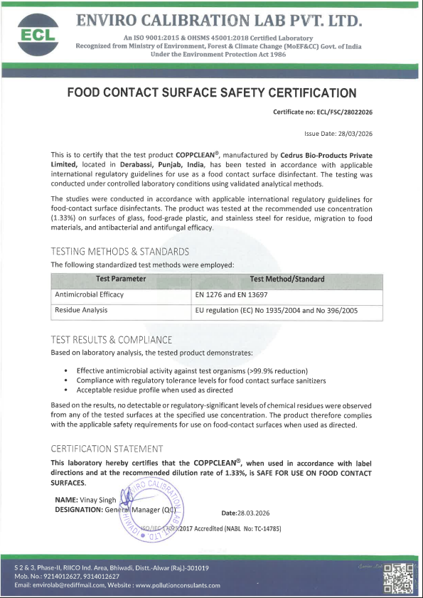 Food Contact Surface Safe Disinfectant certificate